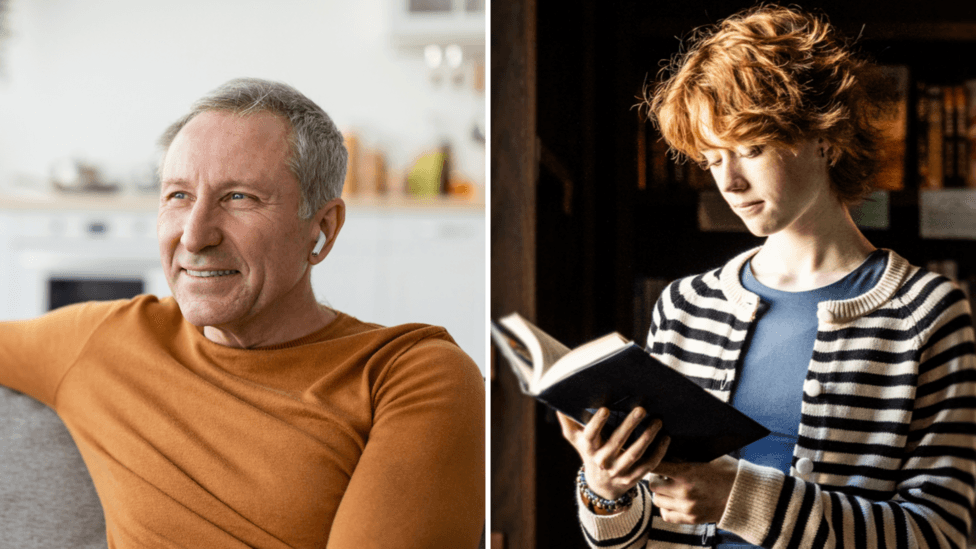 Composite image - to the left a man in an orange long sleeve top with ear pods in and on the left a lady reading a book in a bookstore.