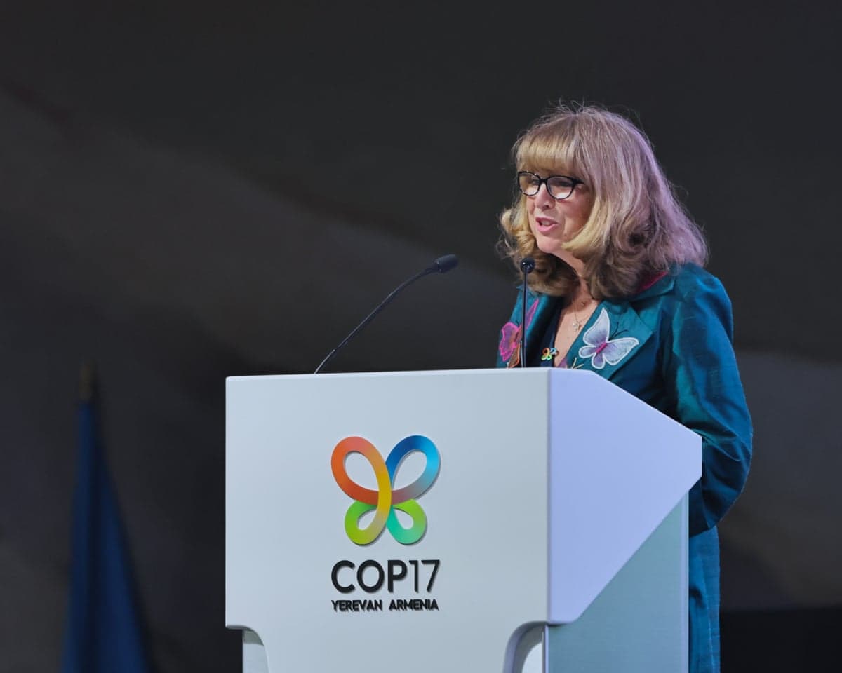 Astrid Schomaker speaks at a COP17 podium, wearing a teal jacket and glasses