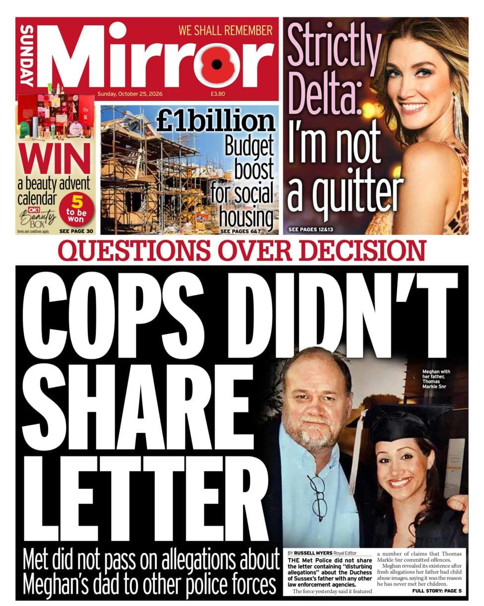 "Cops didn't share letter," reads the headline on the front page of the Sunday Mirror.