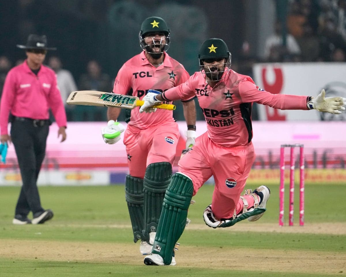 Shadab Khan and Haris Rauf celebrate after Pakistan’s stunning win against England.