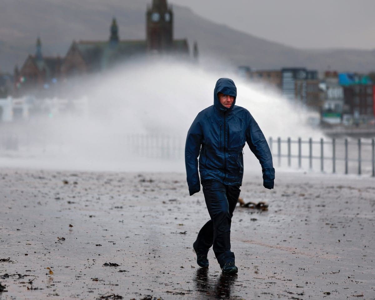 Waves crash over the promenade during Storm Boelo on Sunday in Largs, Scotland