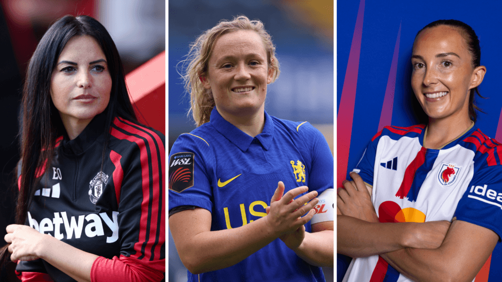 Manchester United's Eva Olid, Chelsea's Erin Cuthbert and Lyon's Caroline Weir