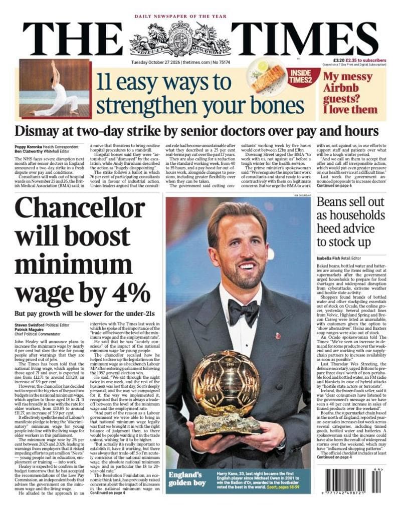The headline on the front page of the Times reads: “Chancellor will boost minimum wage by 4%”.