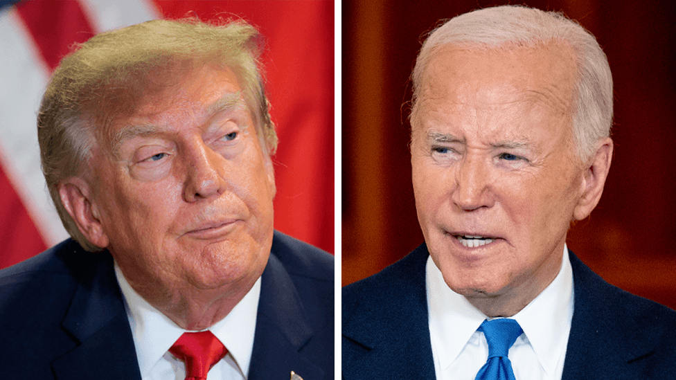 Image shows US President Donald Trump on the left hand side, wearing a blue suit jacket, white shirt and red tie. On the right is Joe Biden wearing a blue suit jacket, white shirt and blue tie.
