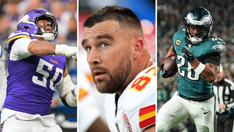 Split image of Levi Drake Rodriguez of the Minnesota Vikings celebrate, Travis Kelce of the Kansas City Chiefs looking disappointed, Saquon Barkley of the Philadelphia Eagles running with the ball
