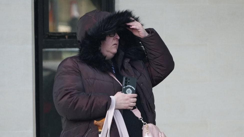 Woman outside court in brown puffer coat with fur-lined hood up trying to cover her face. She wears glasses and holds a mobile phone in her hand and a bag on her wrist holding a walking stick, as well as a handbag across her body.