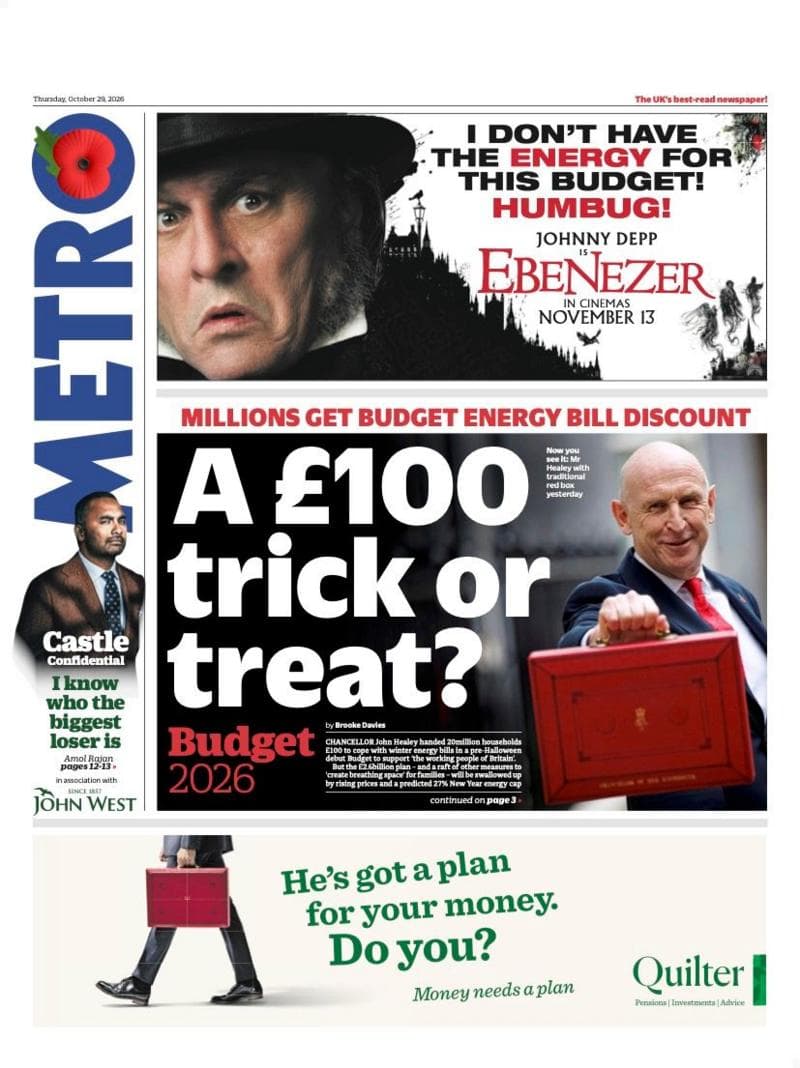 The headline on the front page of the Metro reads: 'A £100 trick or treat?'