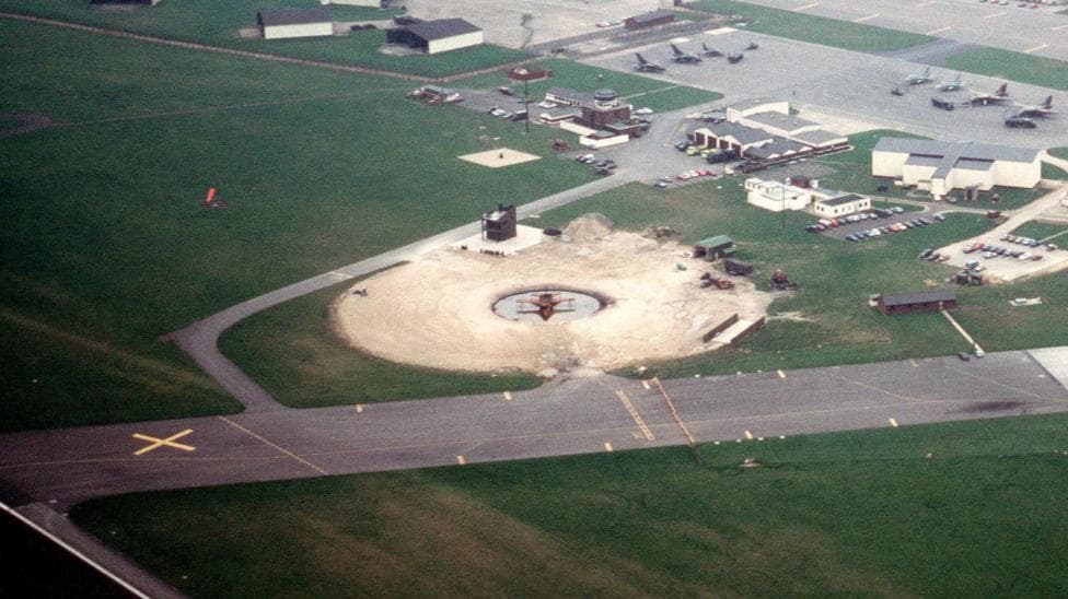 An aerial view of a fire pit at former RAF Upper Heyford in 1989.