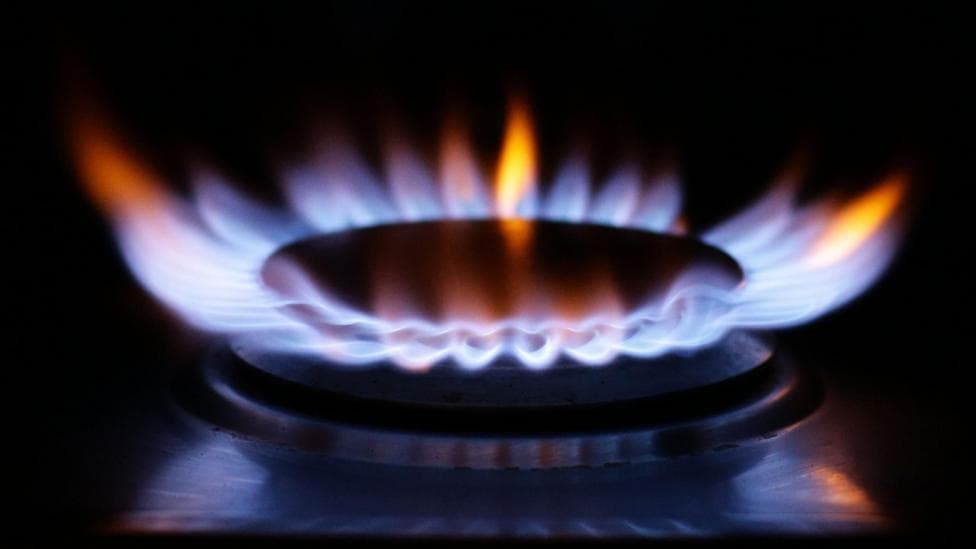 A lit ring on a gas stove, showing blue flames with orange tips.