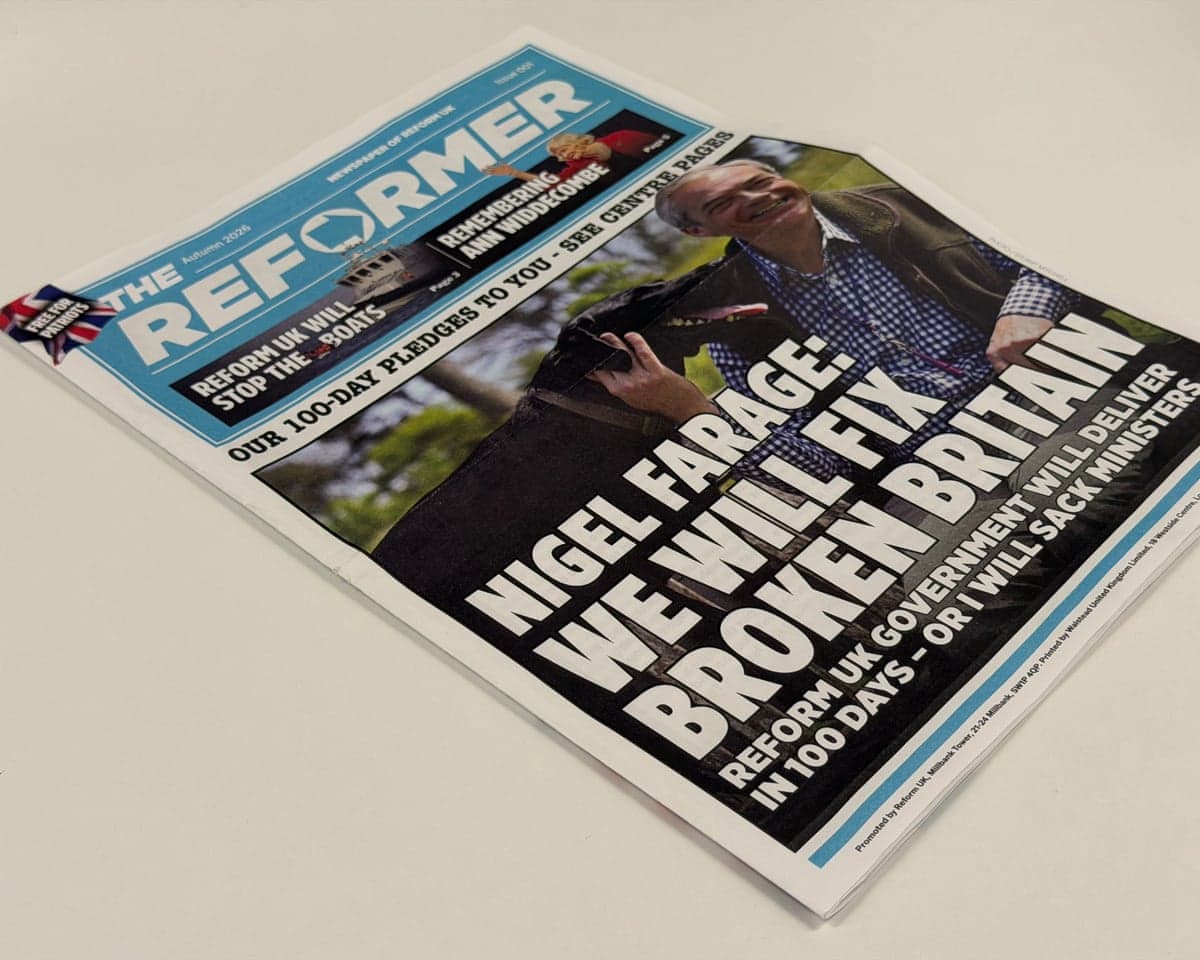 Autumn edition of the Reformer newspaper showing front page with pale blue masthead, a picture of Nigel Farage with a black labrador, and the headline: Nigel Farage: We will fix broken Britain.