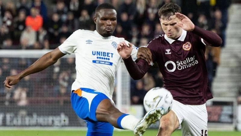 Rangers' Olwethu Makhanya and Heart of Midlothian's Josh McPake in action during a William Hill Premiership match between Heart of Midlothian and Rangers at Tynecastle Park, on October 28, 2026, in Edinburgh