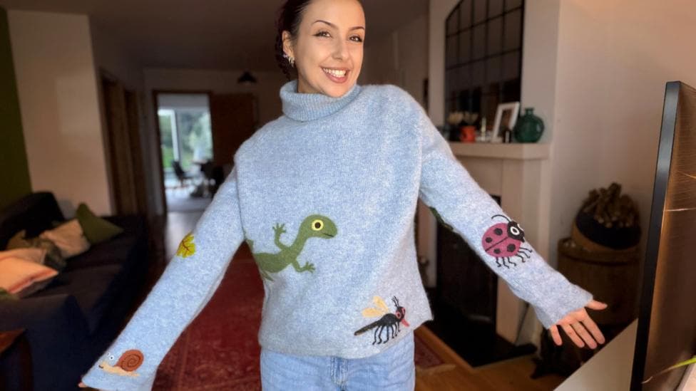 Alice Brown, a woman in her living room in a pale blue jumper that features a lizard, a snail and various insects dotted around in unusual places.