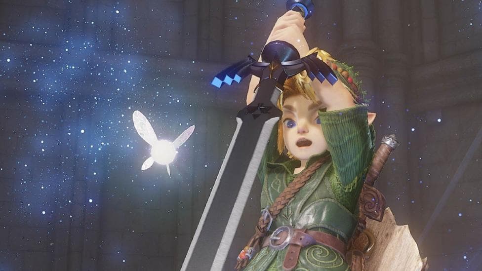 A child character from The Legend of Zelda: Ocarina of Time wields a huge sword in front of bright light. The picture is from the Wii U Virtual Console release of the N64 game.