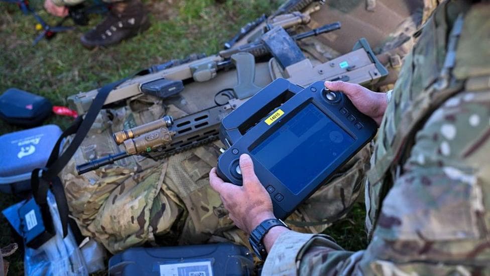 Soldiers from 16 Air Assault Brigade (16 Air Asslt Bde) set up and fly their military drones after jumping from a Royal Air Force (RAF) A400M transport aircraft onto Salisbury Plain at Copehill Down training facility on March 30, 2026 near Warminster, England.