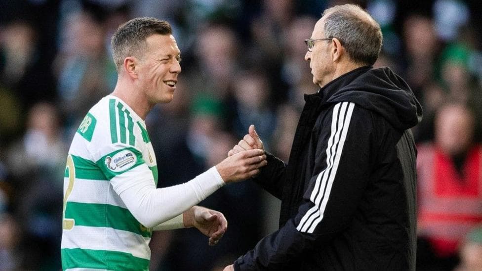 Celtic's Callum McGregor (L) and manager Martin O'Neill during a William Hill Premiership match between Celtic and Heart of Midlothian at Celtic Park, on October 18, 2026, in Glasgow, Scotland