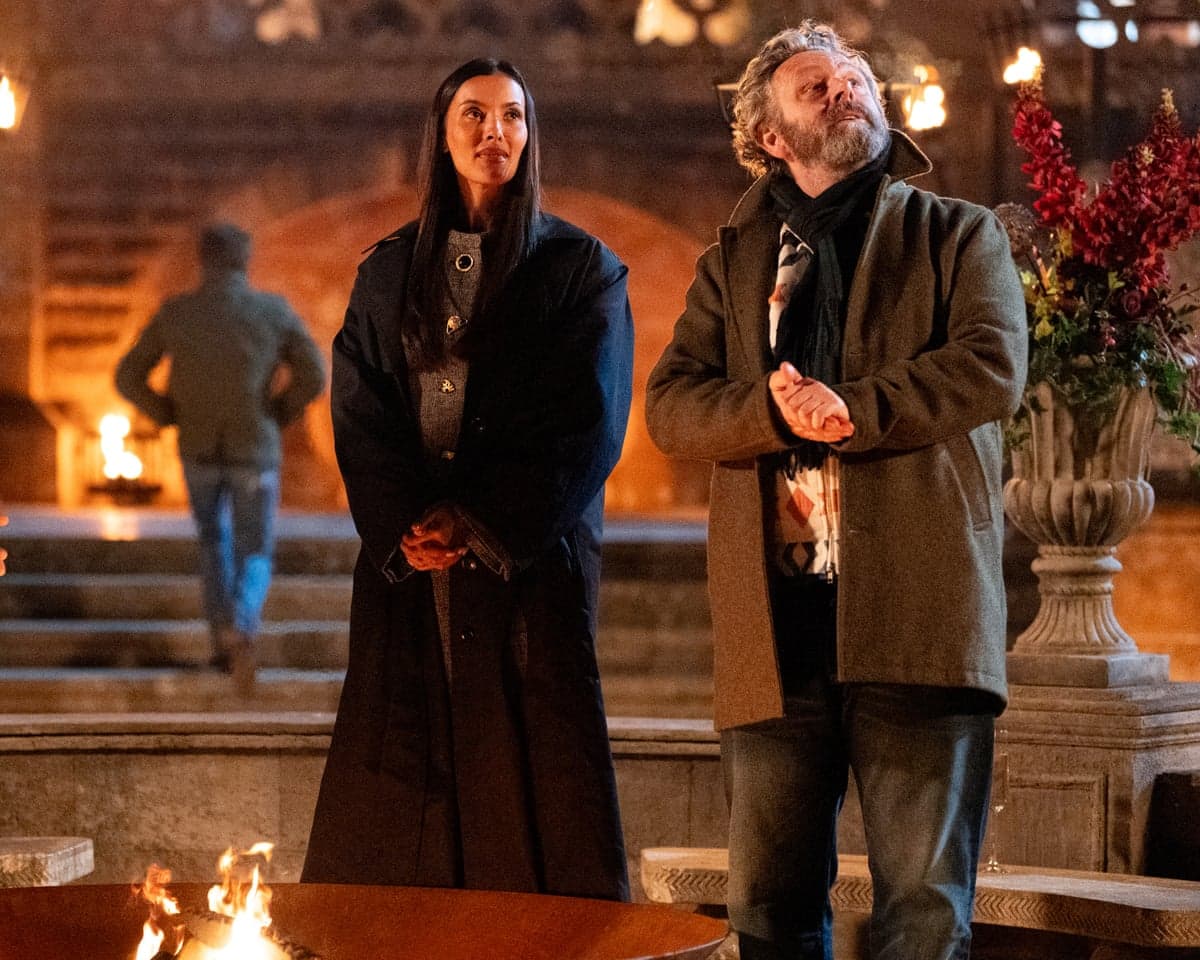 Maya Jama and Michael Sheen on The Celebrity Traitors episode 9.