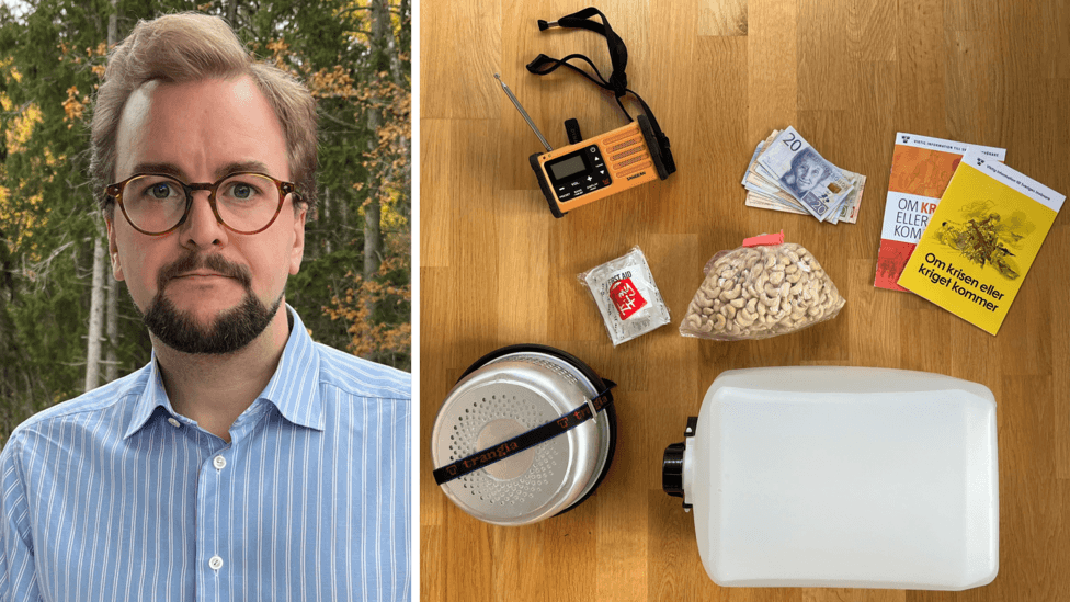 A picture of Andreas, a man with brown hair in glasses and a blue shirt, and a picture of supplies including nuts, brochures, water and cash