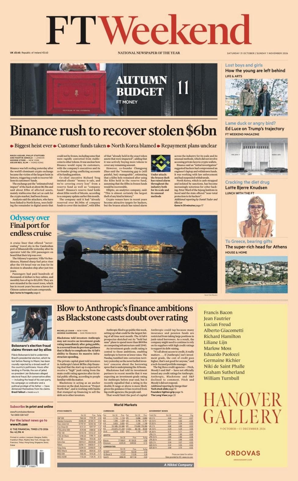 The headline on the front page of the Financial Times reads: "Binance rush to recover stolen $6bn".