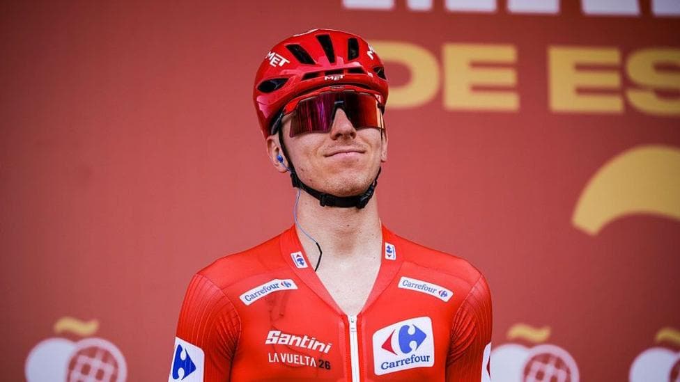Tadej Pogacar on the podium at the Vuelta a Espana in August